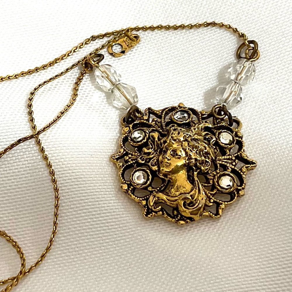 Vintage Goldtone Ladies Damsel Face Necklace (Made in Korea)